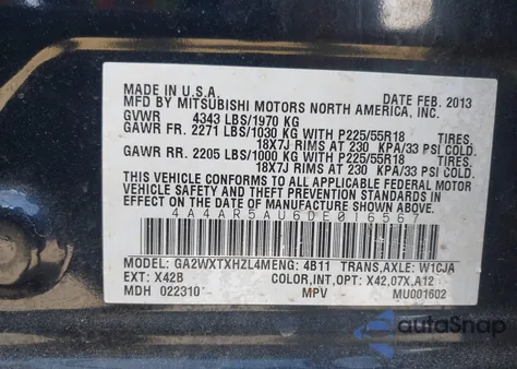 2013 Mitsubishi Outlander Sport Le z USA, uszkodzony, nr VIN 4A4AR5AU6DE016567